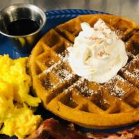 Scrambled Egg Waffle · Our traditional waffle with a side of organic scrambled eggs.