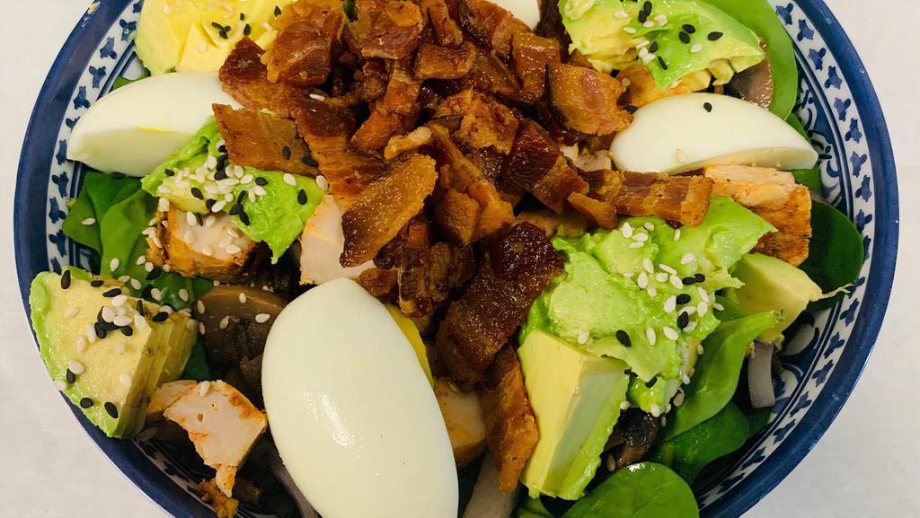 Spinach Salad, Gf · Organic baby spinach with organic hard-boiled eggs, mushrooms, red onions, and nitrate free bacon bits.