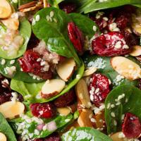 Cranberry Spinach Salad, Gf, V · Organic baby spinach topped with mandarin oranges, dried cranberries and toasted almonds.  a...