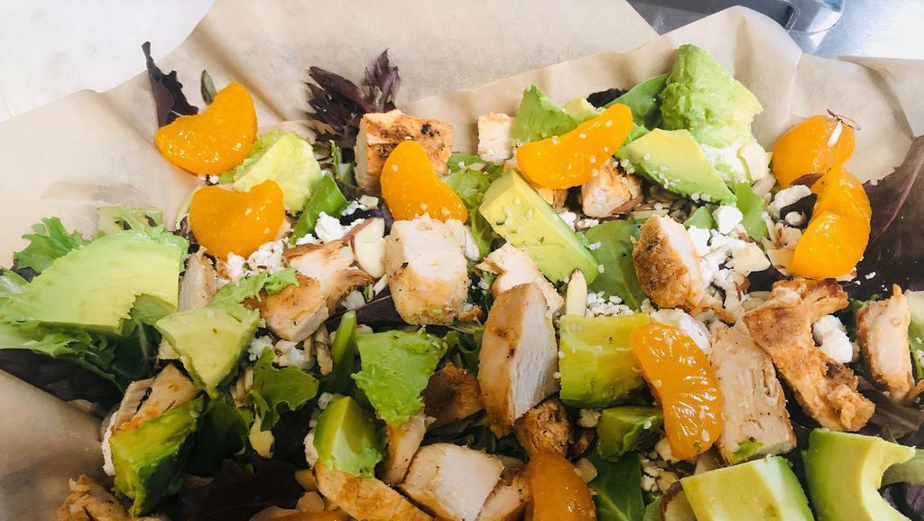 Orange & Avocado Salad · Organic spring greens topped with mandarin oranges, diced avocado, goat cheese, toasted almonds and sesame seeds, balsamic dressing.