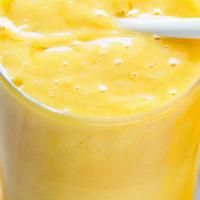Orange Mango Smoothie · Orange juice, banana, organic mango, pure whey protein.