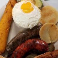 Colombian Meal / Bandeja Paisa · (mixed meats-sausage-eggs-beans-arepa.).