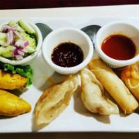 Samplers Starter · Two chicken satay, two shrimp sarong two fried spring roll and two gyoza.