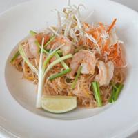 Pad Thai Noodles · Rice noodles, dried shrimps, bean sprouts, scallion, egg, and ground peanut.