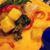Duck Curry · Slices of slow cooked duck breast in red curry, with cherry tomatoes, pineapple cubes, lyche...