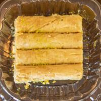 Baklava (4 Fingers) · Middle eastern pastry made of many layers of paper thin dough with a filling of ground nuts ...