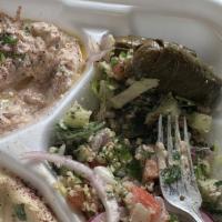 Veggie Sampler Entrée · Falafel (2), Hummus, Tabbouleh, Fattoush salad, Baba Ghanouj, Dolmas (2) and a warm pita bre...