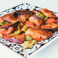 Fried Eggplant · Eggplant braised with red and green bell peppers and onions.