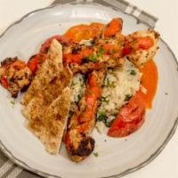 Chicken Souvlaki Entree · Chicken Skewers | Spinach Rice | Tomato | Roasted Red Pepper Sauce | Flatbread