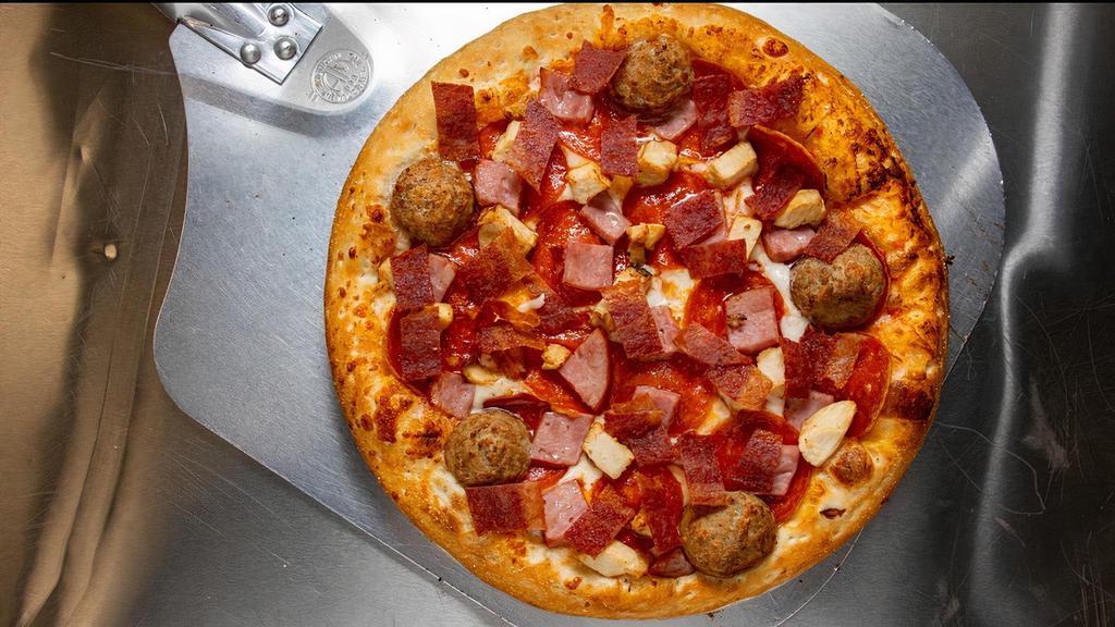 Meat Supreme Pizza · Pepperoni, ham, smoked bacon, Grilled chicken and meatballs.