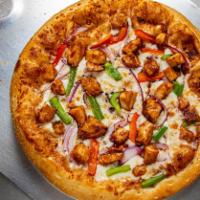 Texas Grill Pizza · BBQ base pizza with Grilled BBQ Chicken,mixed peppers and Spanish red onions.