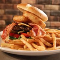 Pondo Burger  · Stacked with onion rings, two slices of bacon, Cheddar cheese, lettuce, tomatoes, pickles an...
