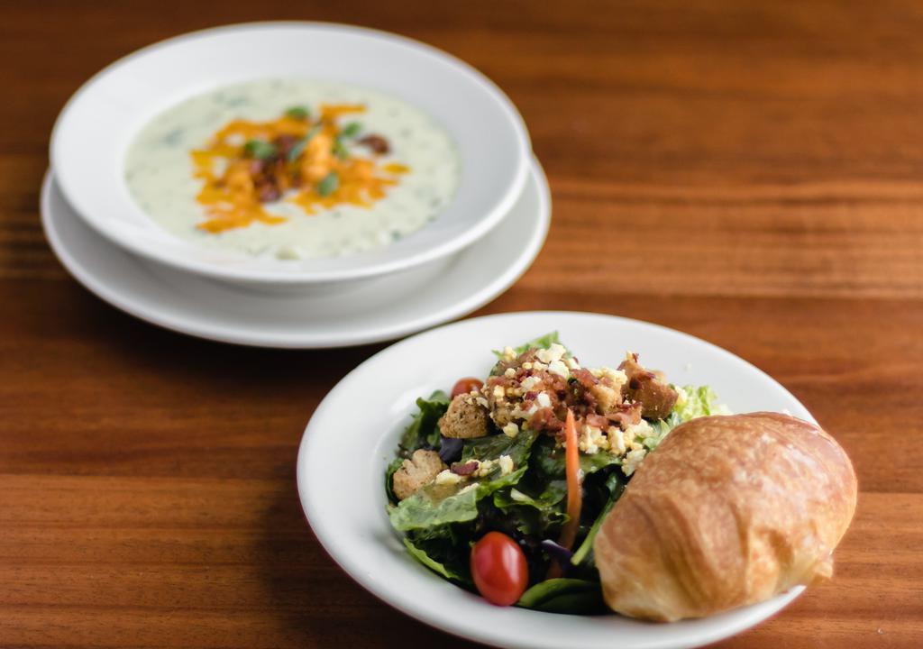 House Or Caesar Salad With Today'S Soup · Bowl of today's soup with your choice of salad.

SOUP CALENDAR:
MONDAY
TORTILLA

TUESDAY
CREAMY CHICKEN & NOODLE

WEDNESDAY
SOUTHWESTERN BEAN

THURSDAY
TORTILLA

FRIDAY
NEW ENGLAND CLAM CHOWDER

SATURDAY
BEEF & VEGETABLE

SUNDAY
MOSS POINT GUMBO