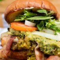 Gc Burger · 1/2 lb seasoned beef patty, mayo, roasted hatch green chile, guacamole, pepperjack, greens, ...