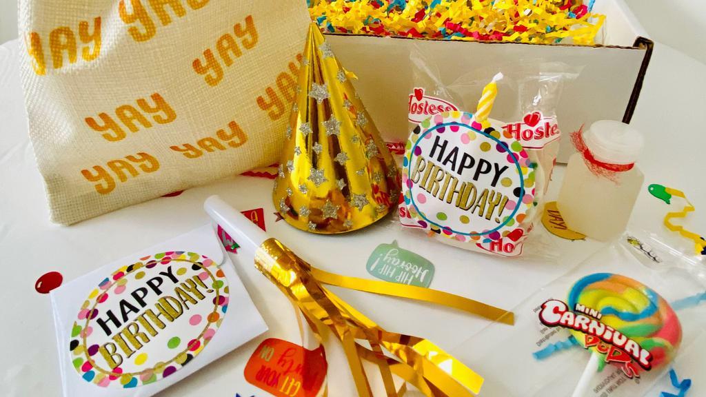 Yay! Party In A Bag · This festive BIRTHDAY in a BAG will be the perfect Birthday Gift to send to family and friends while celebrating long distance, short distance or in small gatherings .
Don’t just send a card or flowers send the party !!! 🥳

Note: In case you need  this gift item for a Thank you , Just thinking of you, bulk purchase , corporate or other gifting idea  … no problem , let us know by sending a message with your request. 


Each Birthday in a Bag has all the necessities for a birthday  packed with care and shipped with love. 
What’s in the BAG:

1 - Birthday Confetti cupcake  or Birthday Frosted Sugar cookie individually wrapped  .Or cupcake.
Please select one in the options section. 

1- lollipop 

1- birthday candle

1- Birthday party hat  (style  and color may vary )

1- Birthday Party Blower  (style  and color may vary ) 

1- Confetti  or Happy Birthday Balloon (style  and color may vary )

1-  Birthday Bubbles

1-  Happy Birthday Fun Confetti 

1- Drawstring  BAG  (filled with all the party essentials) 

1- Personalized-Customized Birthday Card to include a special note ! Please be sure to include your name in order for the gift recipient  to identify the sender (optional).

Crinkle paper, tissue paper and tuck top box.