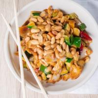 Kung Pao Chicken · Spicy. Chicken uric sautéed with chili peppers, celery, onion bell popper water chestnut. Pe...