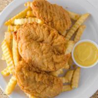 Tender Basket · Four chicken tenders with fries and your choice of BBQ, ranch or honey mustard.