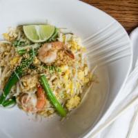 Pad Thai · Stir fried rice noodles with eggs, bean sprouts and spring onions topped with peanuts.