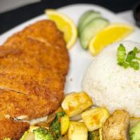 Tori Katsu · Deep fried breaded chicken fillet, served with white rice and side of vegetable.
