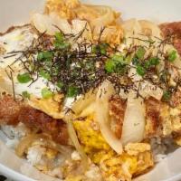 Chicken Donburi · Simmered chicken, egg and vegetables served over steamed rice.