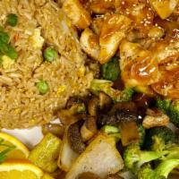 Chicken · Teppanyaki style grilled chicken smothered with in-house teriyaki sauce, side of fresh veget...