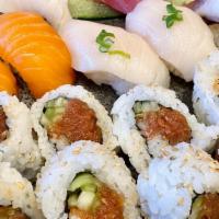 Sushi Deluxe · Six pieces sashimi, five pieces nigiri, spicy California roll.