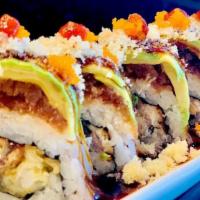 Kiss Of Dragon · Shrimp tempura, unagi, asparagus, topped with spicy tuna, avocado, crunch, sriracha, masago,...