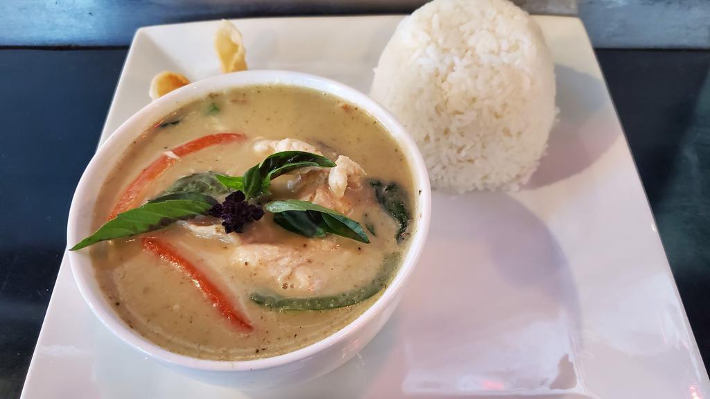Green Curry · With green curry sauce and coconut milk, prepared with bell peppers, eggplant, and fresh basil.
