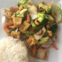 Cashew Stir Fry · Cashews, carrots, onions, broccoli, and bell peppers in brown sauce.
