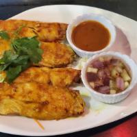 Chicken Satay (4) · Marinated chicken breasts on skewers, grilled and served with creamy peanut sauce and cucumb...
