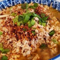 Noodle Tom Yum · Noodle in thick Tom yum broth with lime juice, roasted chili flakes, choices of ground meat,...