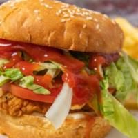 Chicken Sandwich · Lettuce, tomatoes, onions, pickles, American cheese, mayonnaise, ketchup.