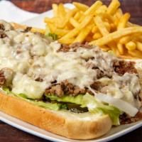 Philly Cheesesteak · Lettuce, tomatoes, grilled onions, mushrooms, jalapeño peppers, provolone cheese, mayonnaise.