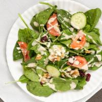 French Salad Lunch · Fresh organic spinach, tomatoes, red onions, dried cranberries and walnuts, goat cheese crum...