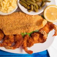 Catfish & Shrimp (6) · white fish with a mild flavor and flaky texture and 6 gulf coasted shrimp served with two si...