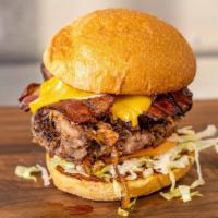 Smoke Stack Burger · Chopped brisket, 14 hour pulled pork shoulder, thick cut bacon, Cheddar cheese. All burgers ...