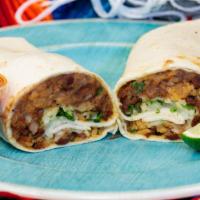 Burritos · X Large Flour Tortilla filled with Layer of Beans and Rice, Cilantro and Onion, Cheese and Y...