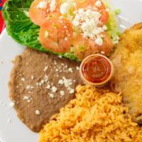Chiles Rellenos · Large Poblano Pepper filled with Queso Fresco, Side of Rice and Beans with a Fresh Side Sala...