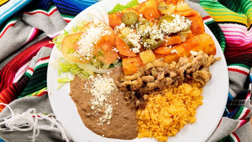 Enchiladas Rojas / Enchiladas Verdes · Three enchiladas filled with queso fresco covered in potatoes, shredded chicken and queso fresco with a fresh side salad. Includes Rice and Beans.