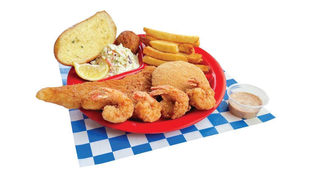 Fisherman'S Platter · Includes one fried cod fillet, four fried shrimp, and 1 fried crab cake, with two sides, bread, and hush puppies.