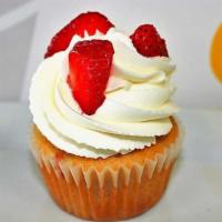 Strawberry Shortcake · Classic Vanilla Cupcake w/ Fresh Vanilla Whipped Meringue, Topped w/ Strawberry