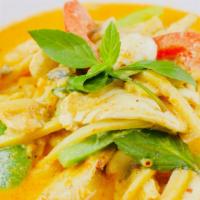 Gaeng Dang Dinner · Red Curry: Stir-fried red curry paste in coconut milk, bamboo, bell pepper, and mushroom wit...