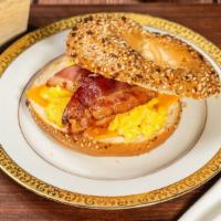 Bacon, Egg, And Cheese · Crispy bacon, 2 eggs; fried or scrambled, and choice of cheese in choice of bread.