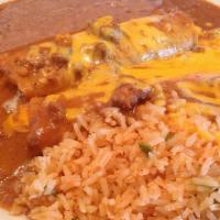 Beef Enchiladas · Two beef enchiladas topped with chili con carne and cheese, served with side of rice, beans ...
