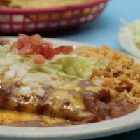 Two Chicken Enchiladas · Choice of red tomato and onion sauce, or green tomatillo sauce. Green enchiladas are served ...