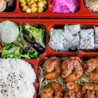 Shrimp (Hibachi) Bento · Shrimp/Salad/White Rice/California Roll/Bacon egg