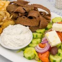 Gyro Platter · Greek salad, pita, tzatziki, and choice of side.