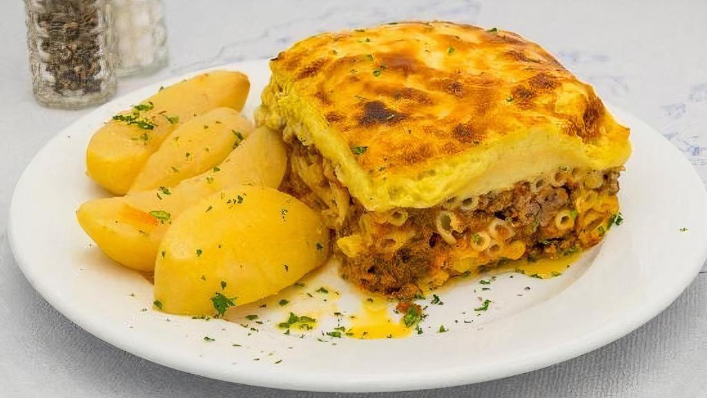 Pastichio · Baked pasta and ground meat with bchamel sauce. Served with choice of side.