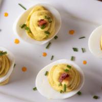 Deviled Eggs · classic deviled eggs with applewood bacon and scallions
