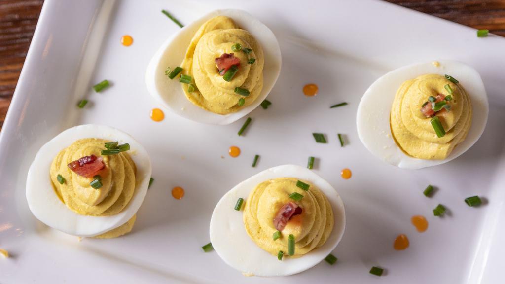 Deviled Eggs · classic deviled eggs with applewood bacon and scallions